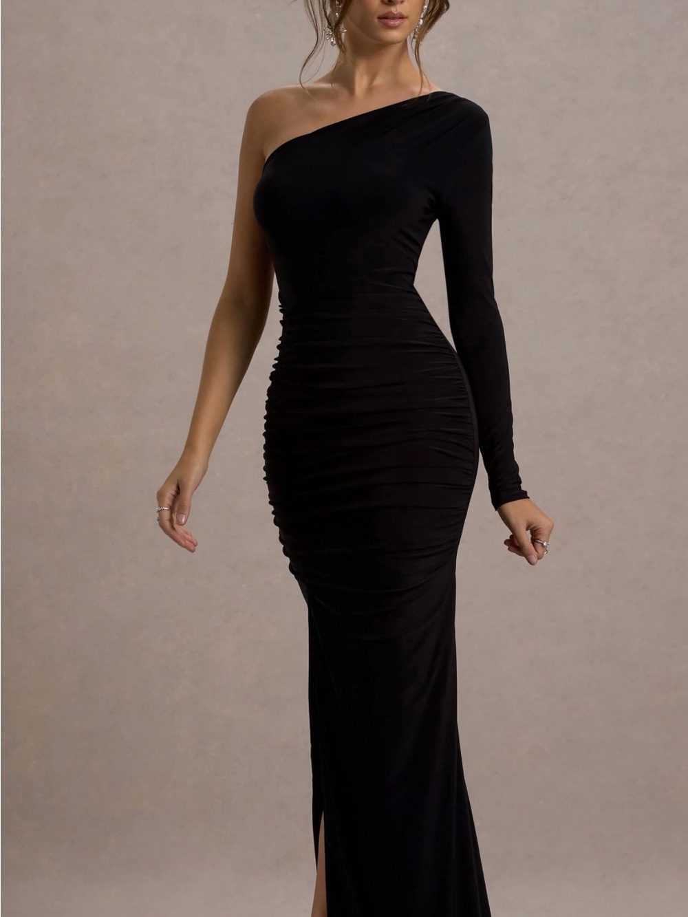 Club L London One-Shoulder Black Ruched Maxi Dress